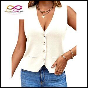 Sleeveless V-Neck Sweater Vest Button Front Loose Fit Knit Cardigan